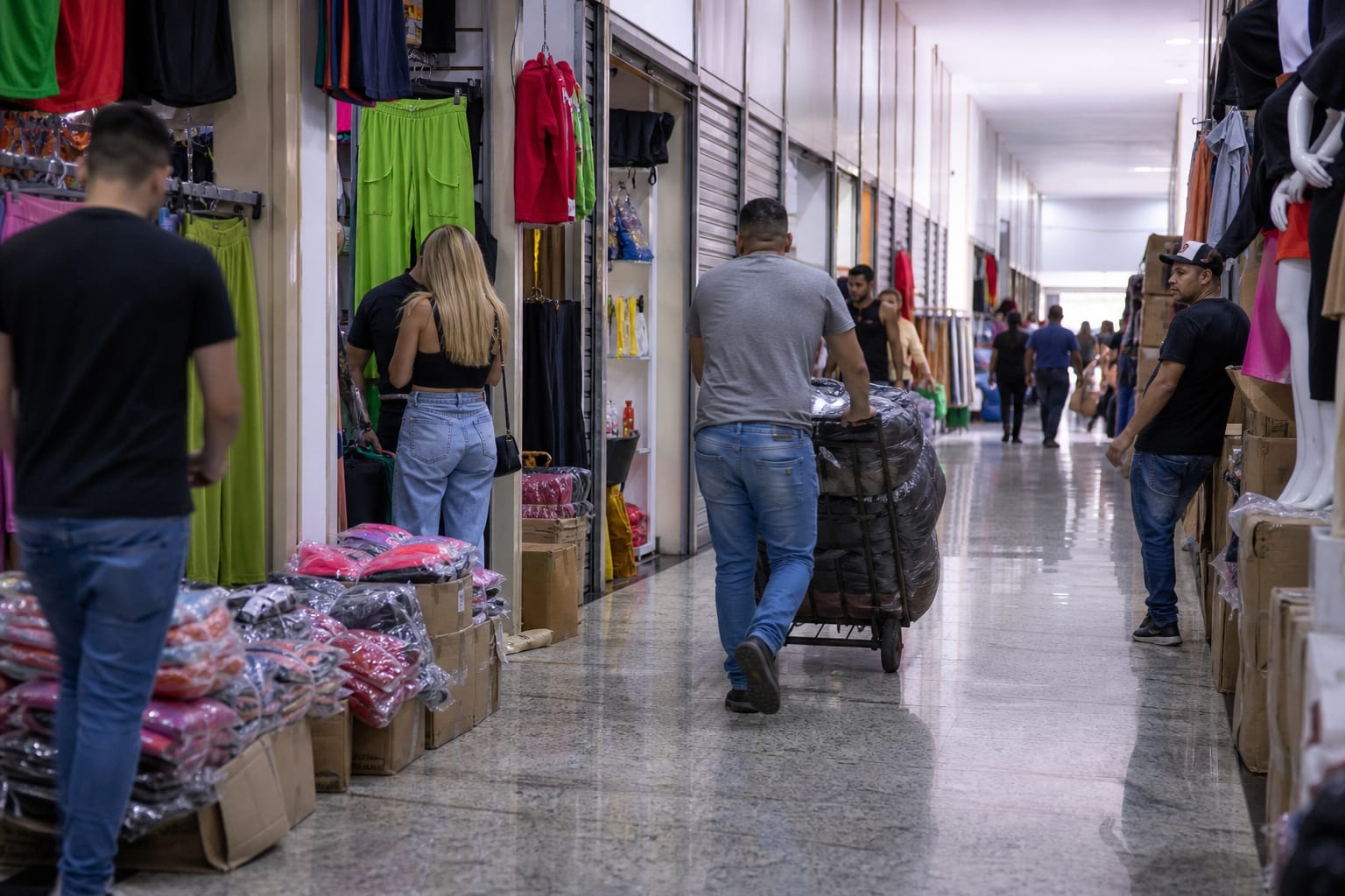Corredor de galeria de confecção no Brás com araras de roupa, caixas empilhadas e carrinho de carga