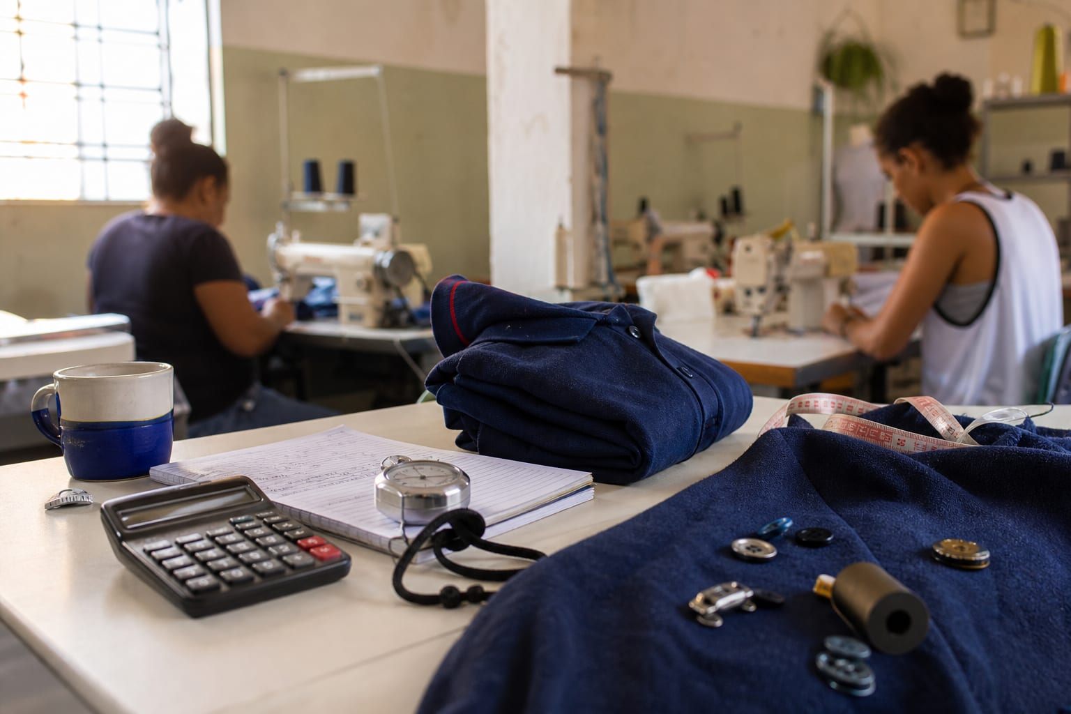 Mesa com calculadora, caderno de contas, cronômetro e uma peça de roupa dobrada, com o salão de costura ao fundo