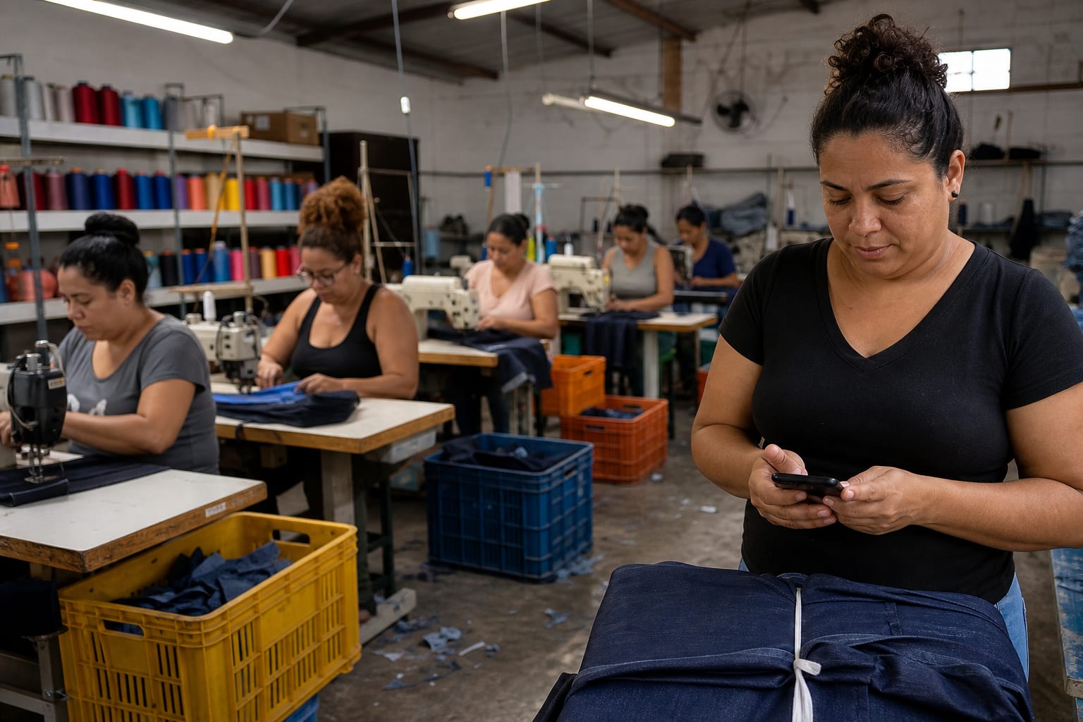 Salão de facção de costura com máquinas retas enfileiradas e encarregada lendo o código de um pacote de peças cortadas pelo celular